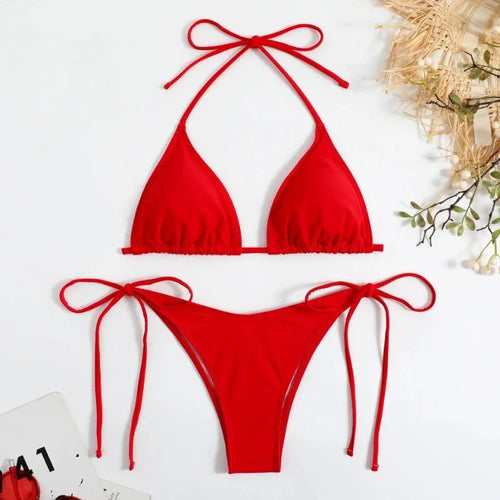 Women Thong Solid Color Bikini Set Side Halter Tie Swimsuit - Norellé