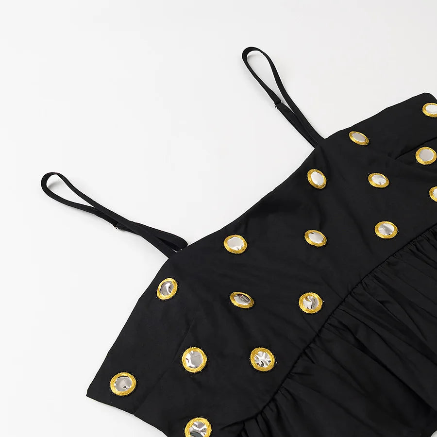 Women Metal Hollow Pleated Suspender Skirt Suit