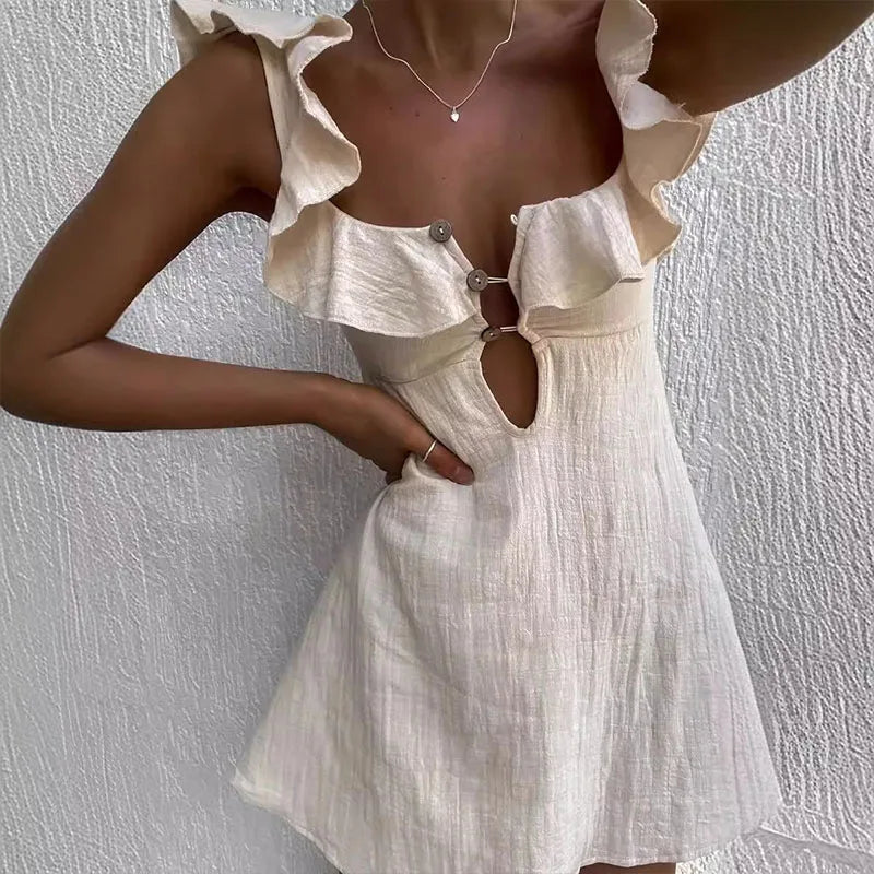 Hollow Out Button Ruffles Short Dress - Norellé