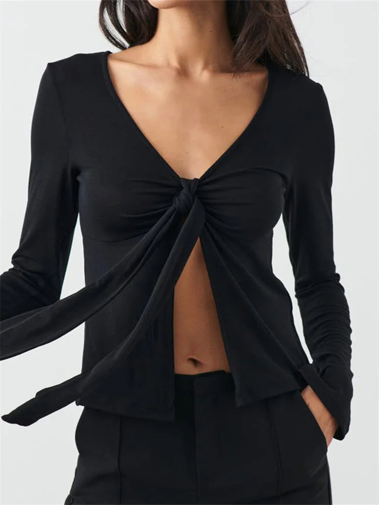 Women Slim Fit T-shirts Tops Long Sleeve V Neck