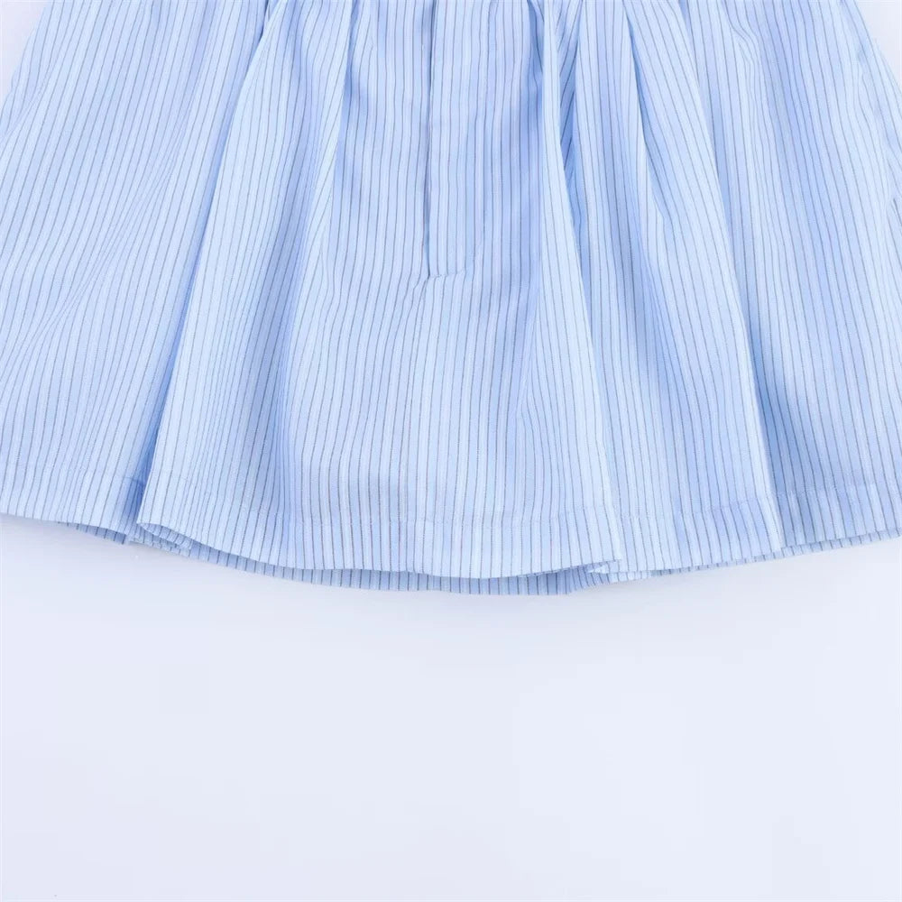 Women’s Lace Detail Striped Short Shirt Fluffy Mid Waist Skirt Pants Set