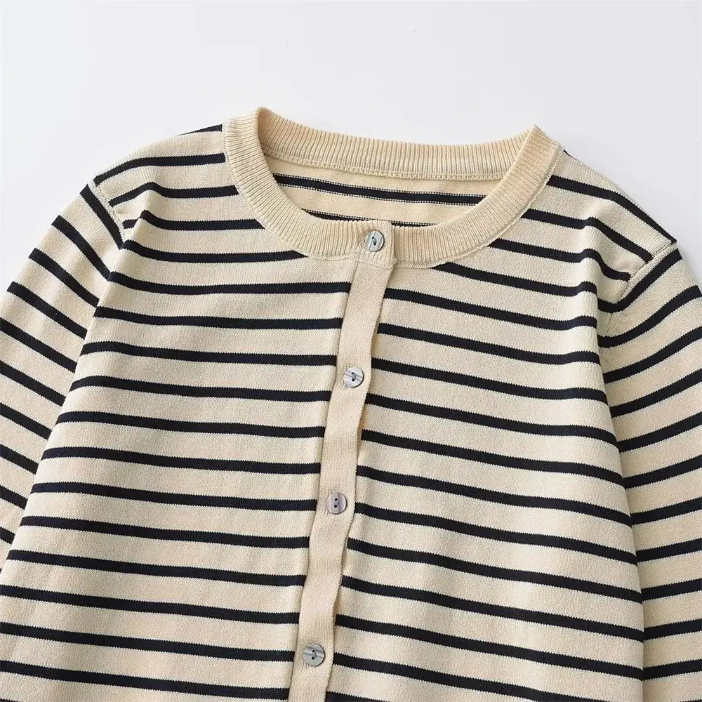 Women’s Simple Round Neck Long sleeved Striped Fine Knitted Cardigan