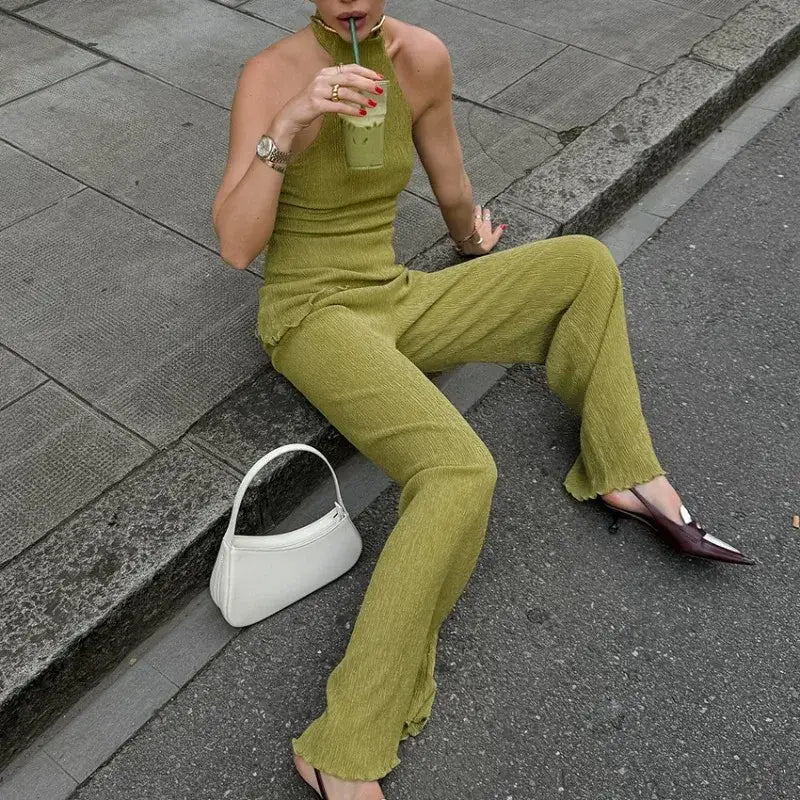 Hanging Green Pants Set Sleeveless Backless Two-piece