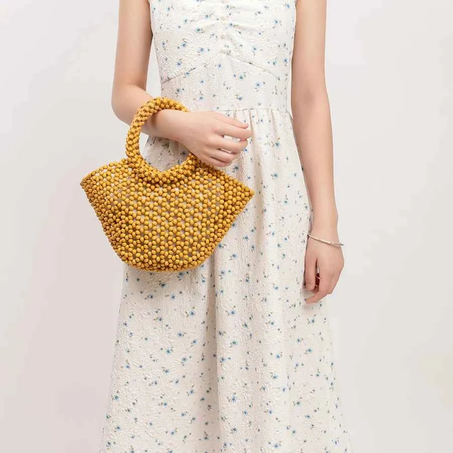 Summer Women's Handwoven Totes Beach Wooden Beaded Bag