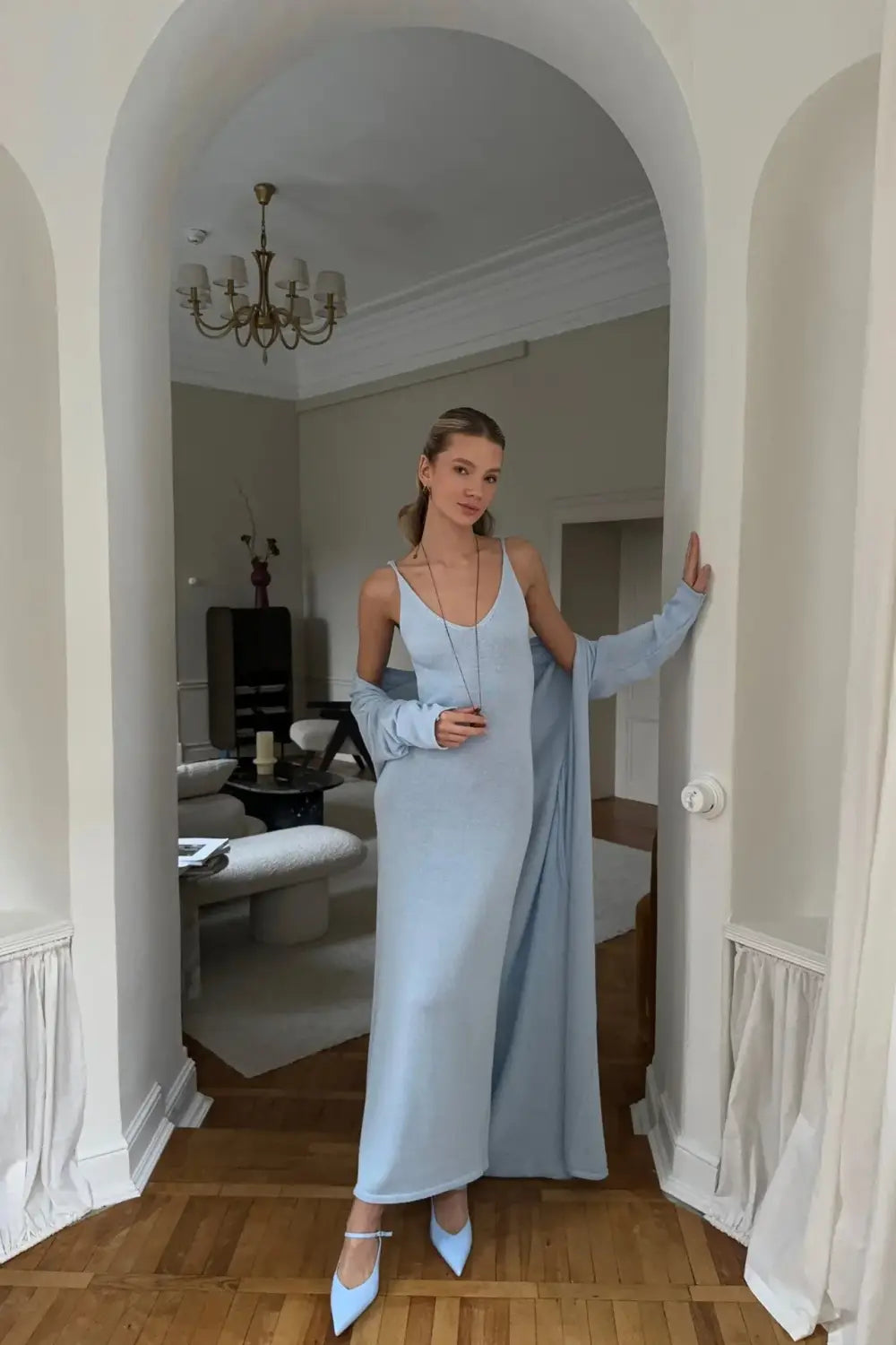 Women Long Dress Three Piece Solid Knit Halter Sleeve Cardigan Set