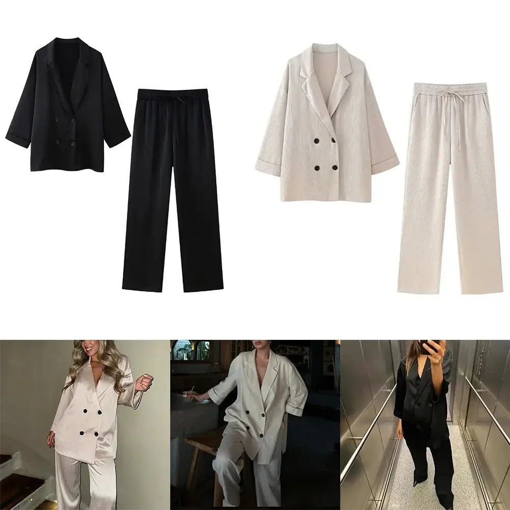 Women Autumn Wrinkle Double Breasted Blazer And Pants Suit