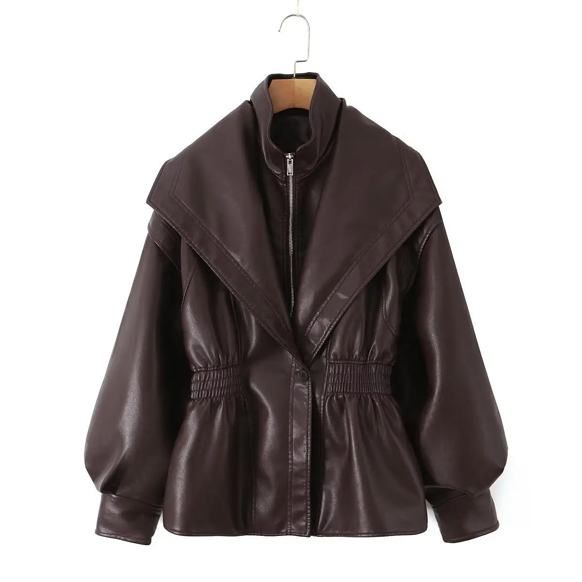 Elastic Waist Cinching Brwon Leather Jacket Women