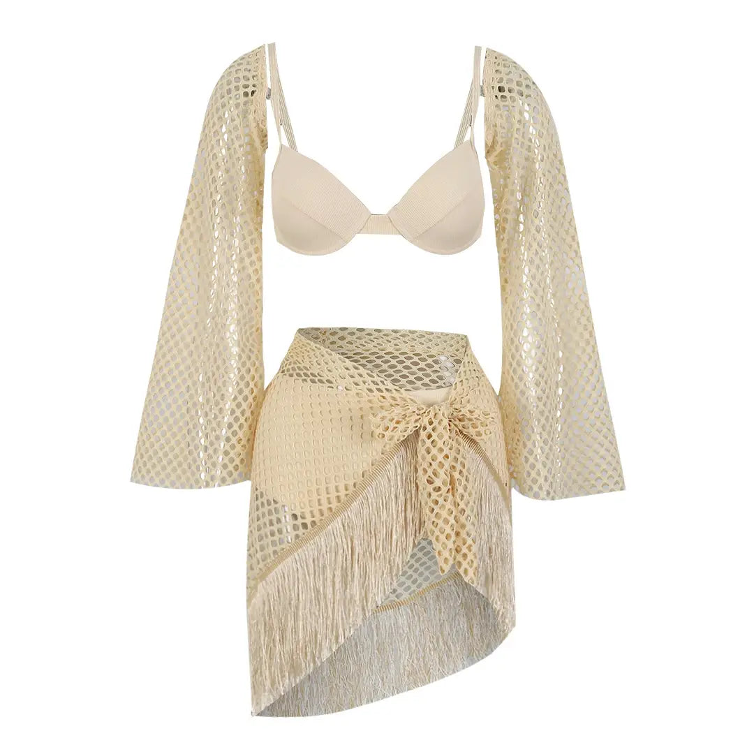 Women Long Sleeve Mini Skirt Suit 3 Piece Set Bathing