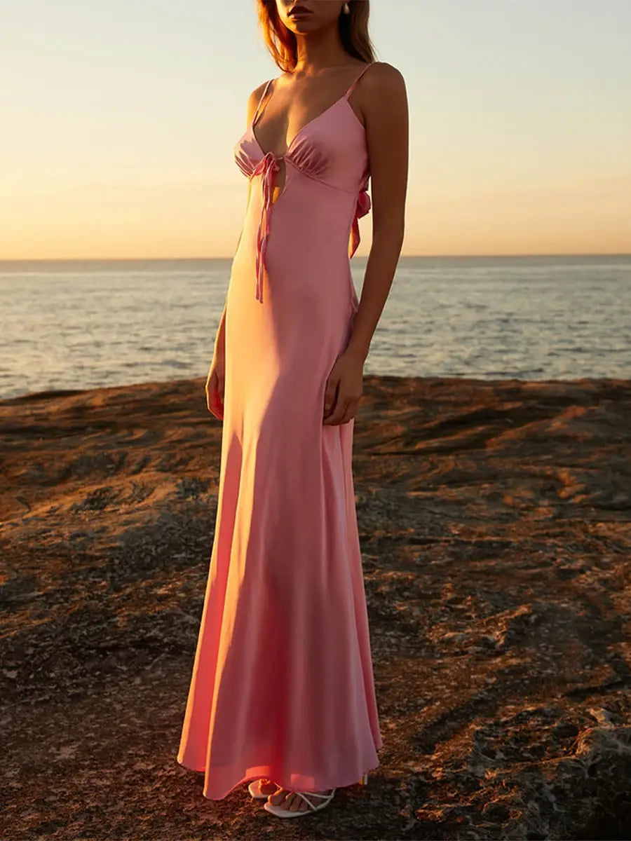 Women Cami Dress Solid Color Sleeveless Tie-Up Front Backless