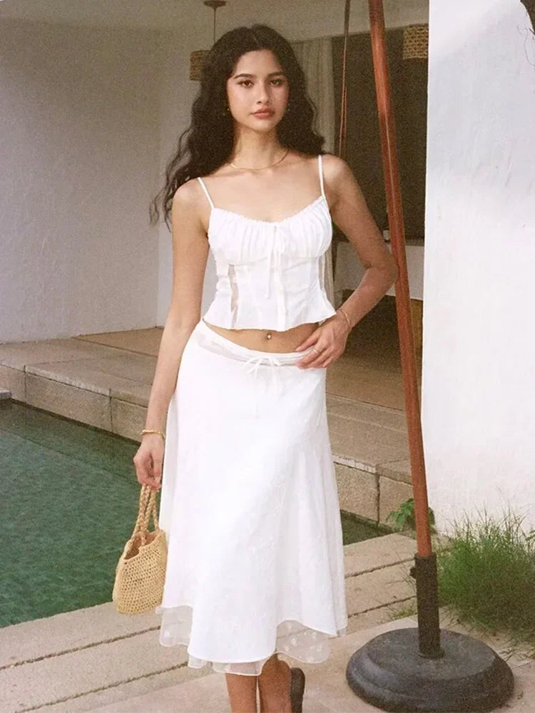 White Dress Set Women 2pcs Matching Set Skirt Spaghetti Strap Top - Norellé