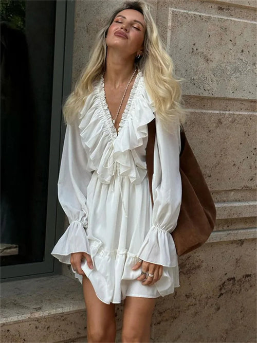Ruffled V-Neck White Mini Dress - Norellé