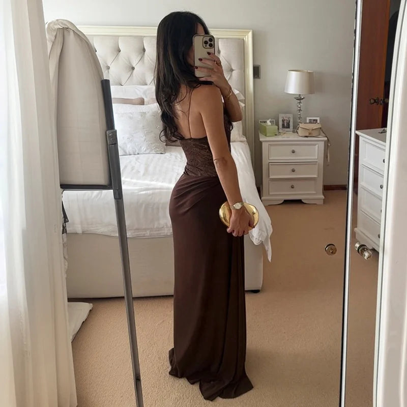 One Shoulder Lace See Through Maxi Dress Women