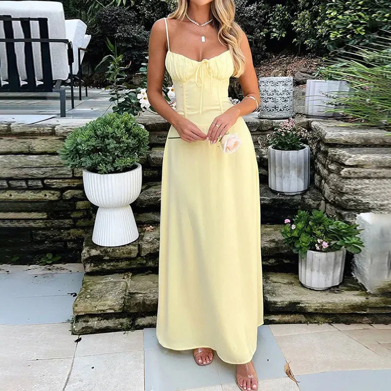Solid Color Slip Dress Lace-up  Elegant  A-line Long Dress - Norellé