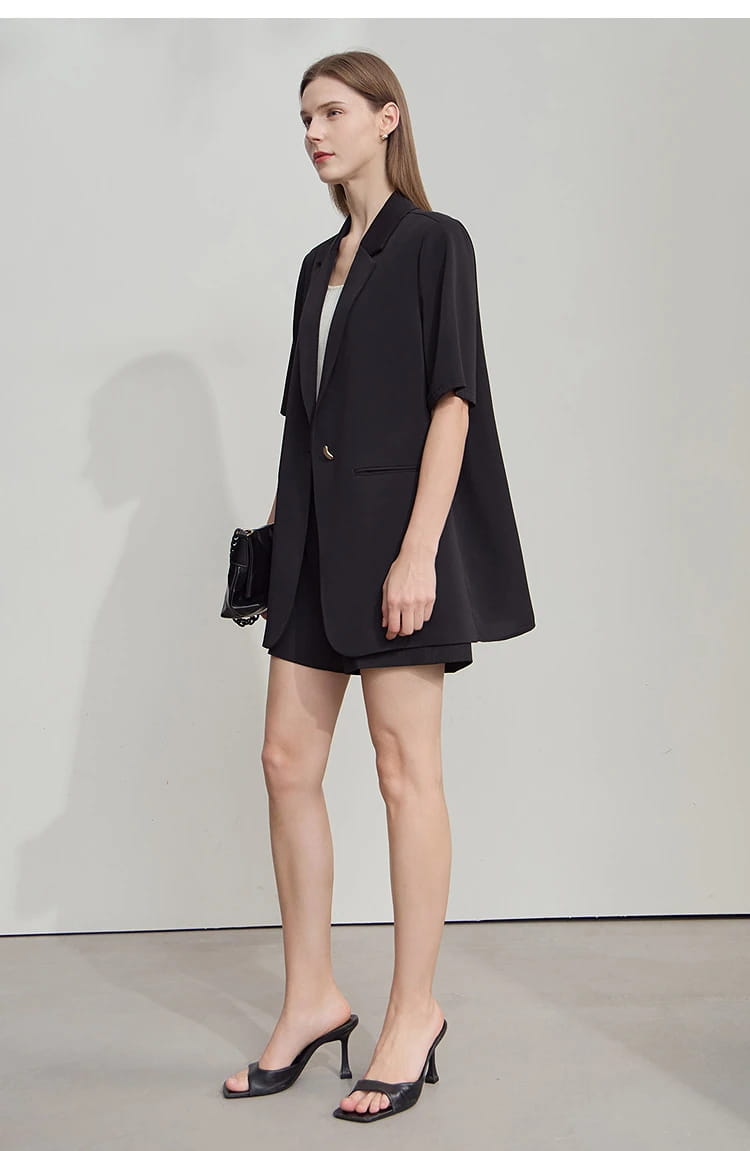 Lapel Contrast Material Patchwork One Button Short Sleeve Blazer