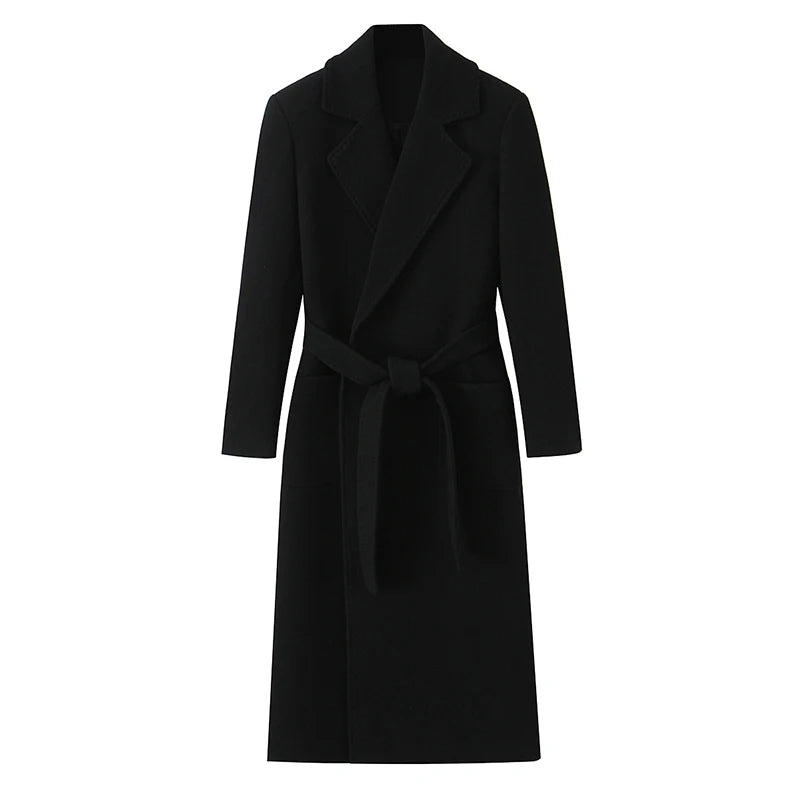 Women’s Overcoat Turn-down Collar Full Sleeve Belt Lace Up Black Long