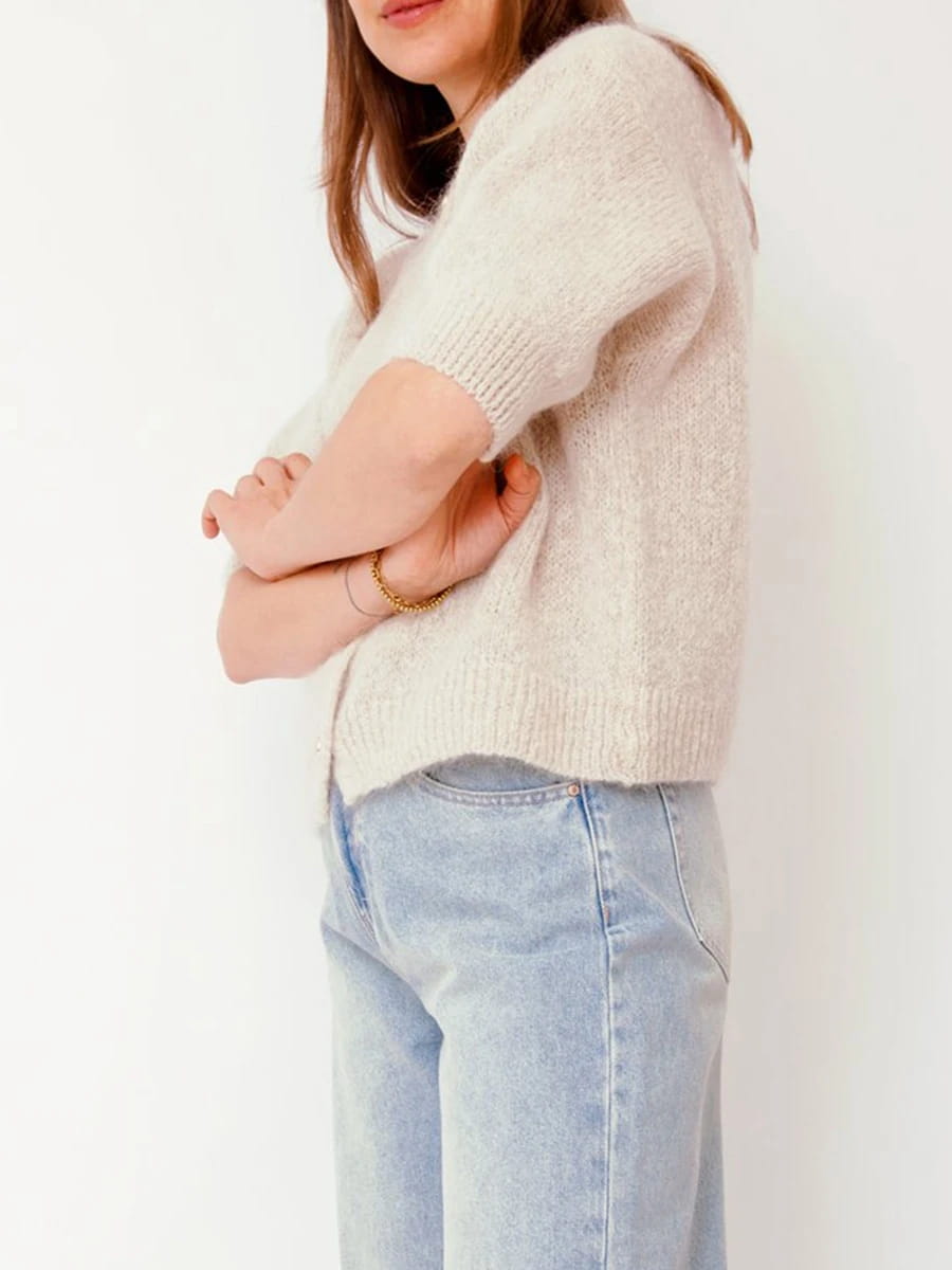 Women Knitted Crop Cardigan Shirt Short Sleeve Button Down Ribbed Knit