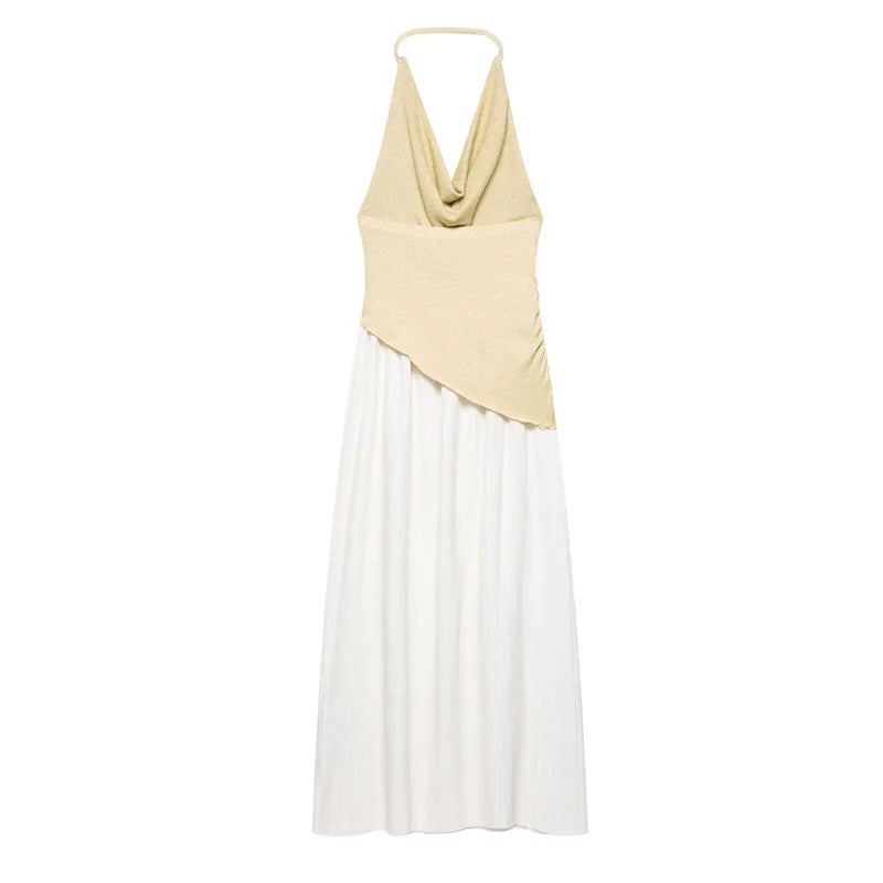 Patchwork Halterneck Swing Neck Maxi Dress