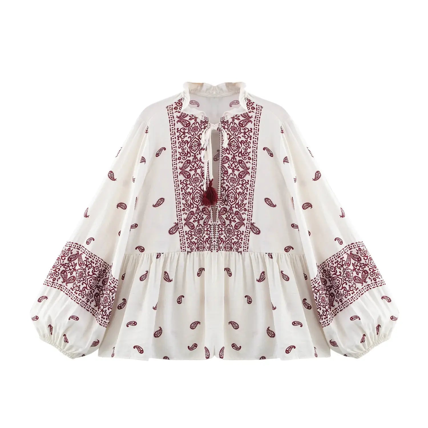 Women’s Printed Tassel Shirt Hollow Loose Stand-up Collar Lantern Sleeve Top