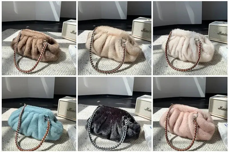 Fashion Faux Mink Fur Ruched Clutch Bag for Women
