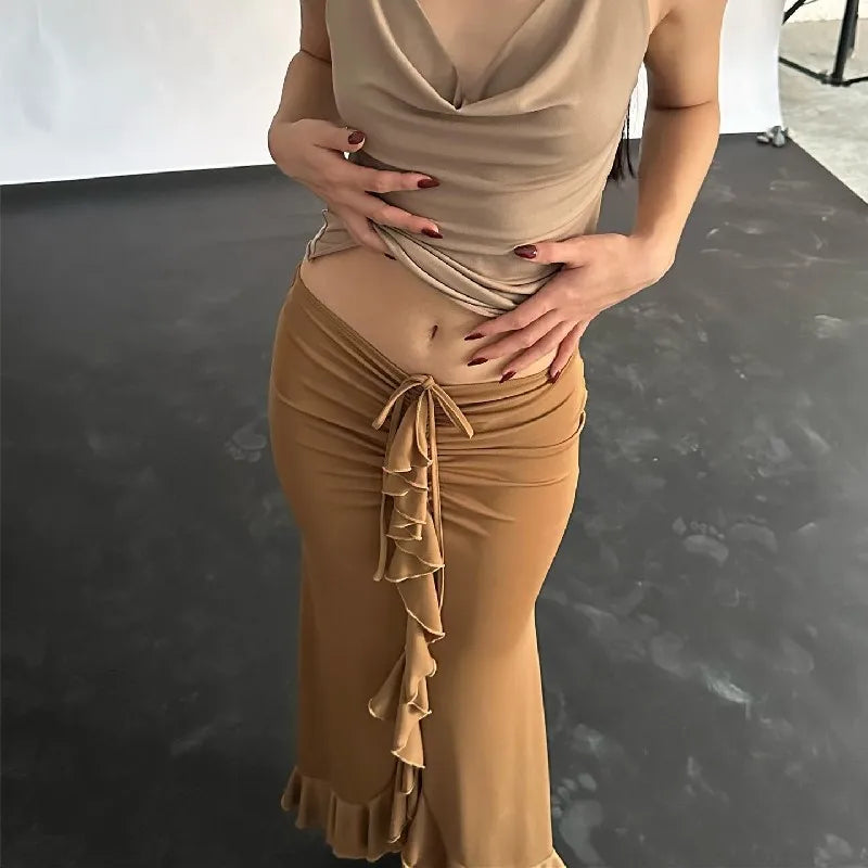 Women Solid Ruffles Skinny Skirt