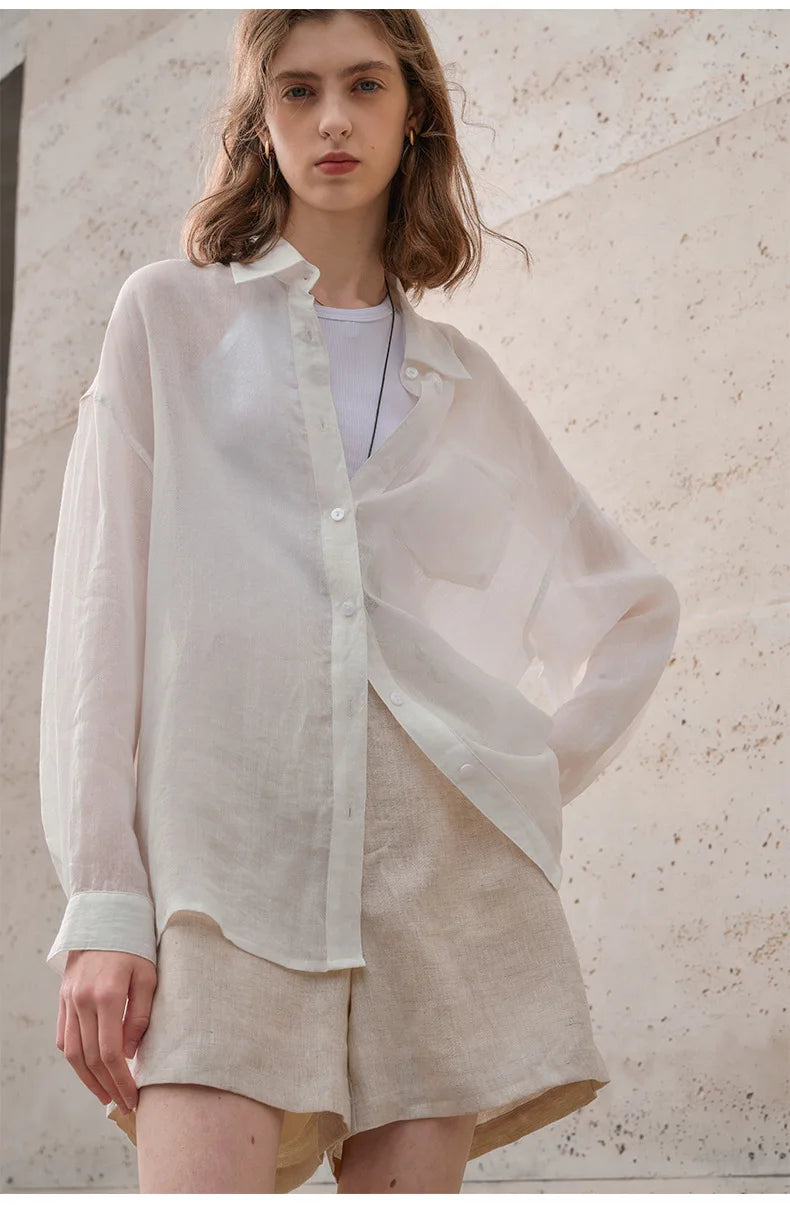 Women’s Lapel Long-Sleeved White Casual Loose Blouse