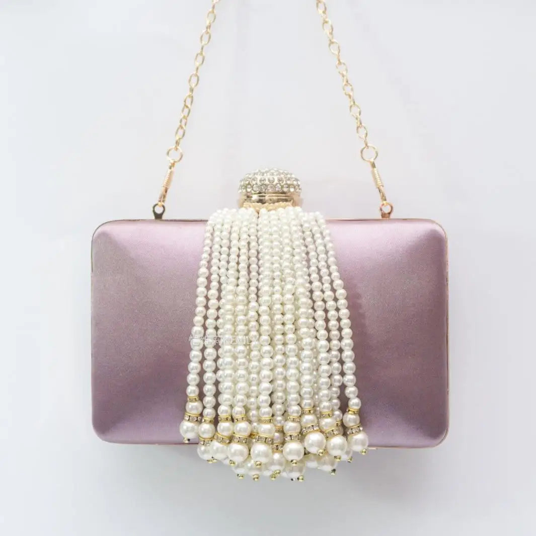 Women Pearl Tassel Satin Evening Bag