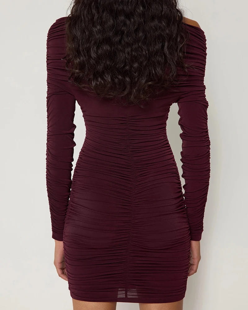 Inclined Shoulder Long Sleeve Mini Dress For Women