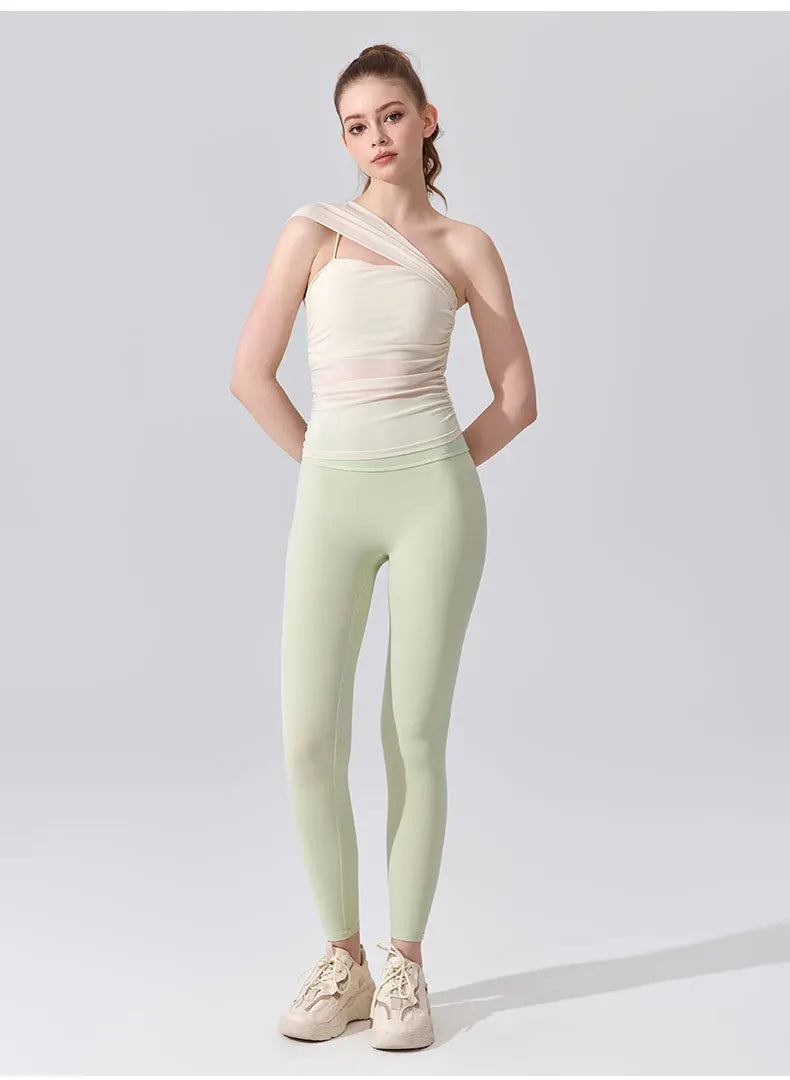 Sleeveless Slimming Top Single Shoulder Straps Women Yoga Mesh Tank