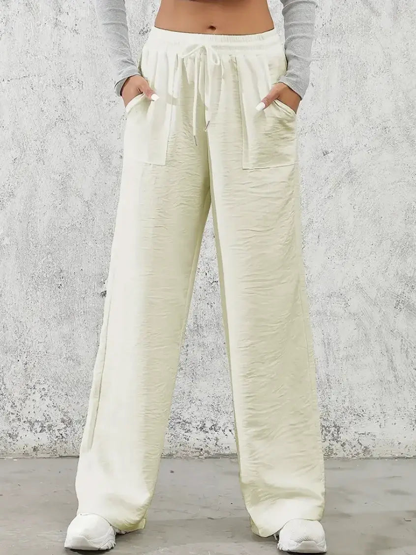 Solid Drawstring Wide Leg Pants