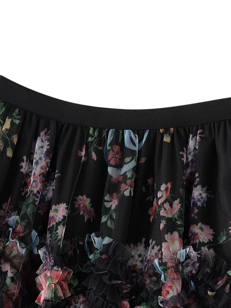 Floral Print Ruffle Mesh Skirt Women