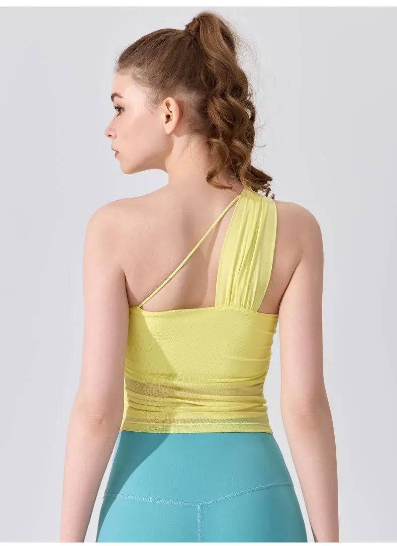 Sleeveless Slimming Top Single Shoulder Straps Women Yoga Mesh Tank