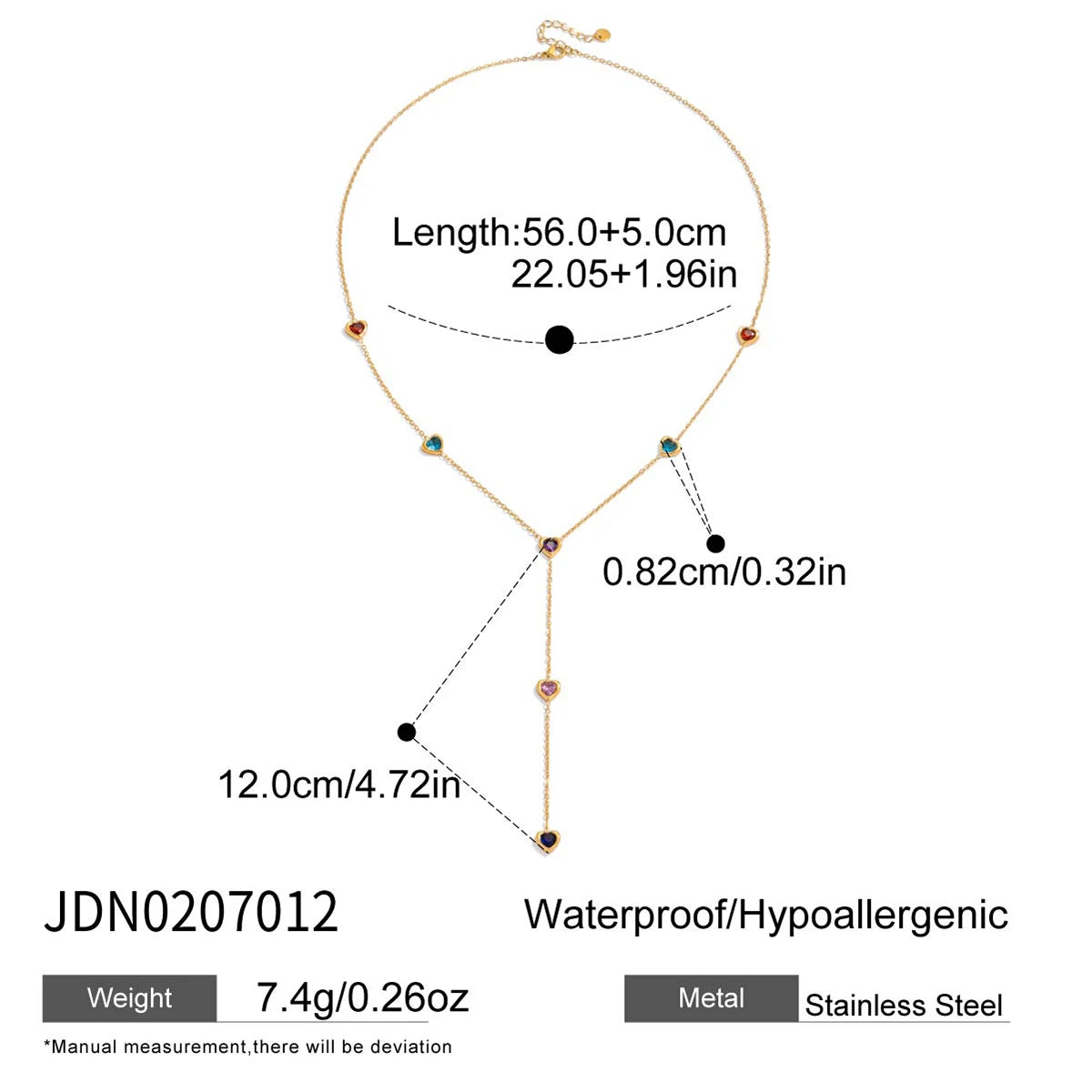 Heart Shape Colored Zircon Y-Shaped Chain Necklace Stainless Steel