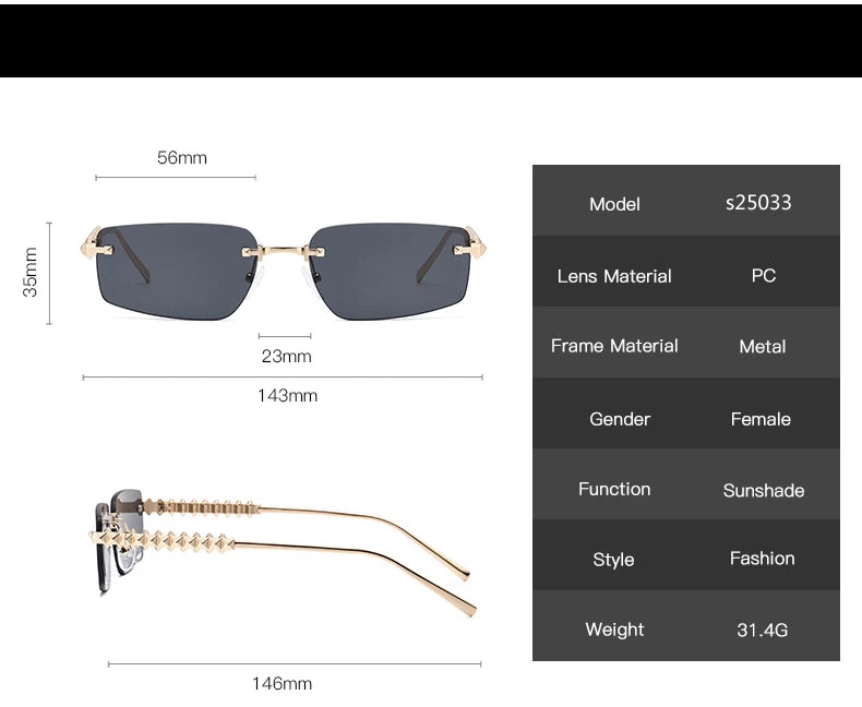 2pcs Rimless Metal Frame Square Sunglasses Women