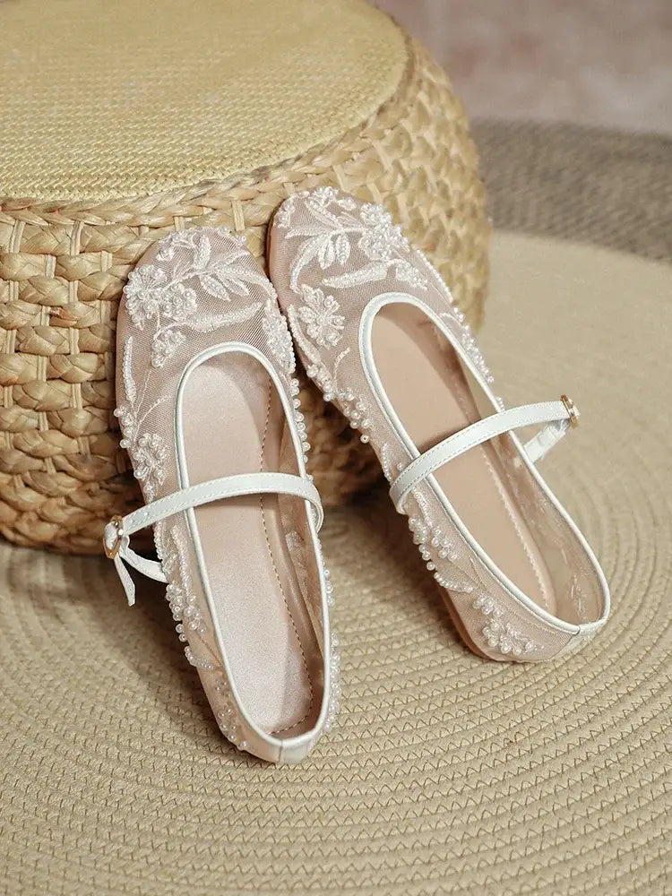 White Pearl Decoration Mesh Embroidery Ballet Flats