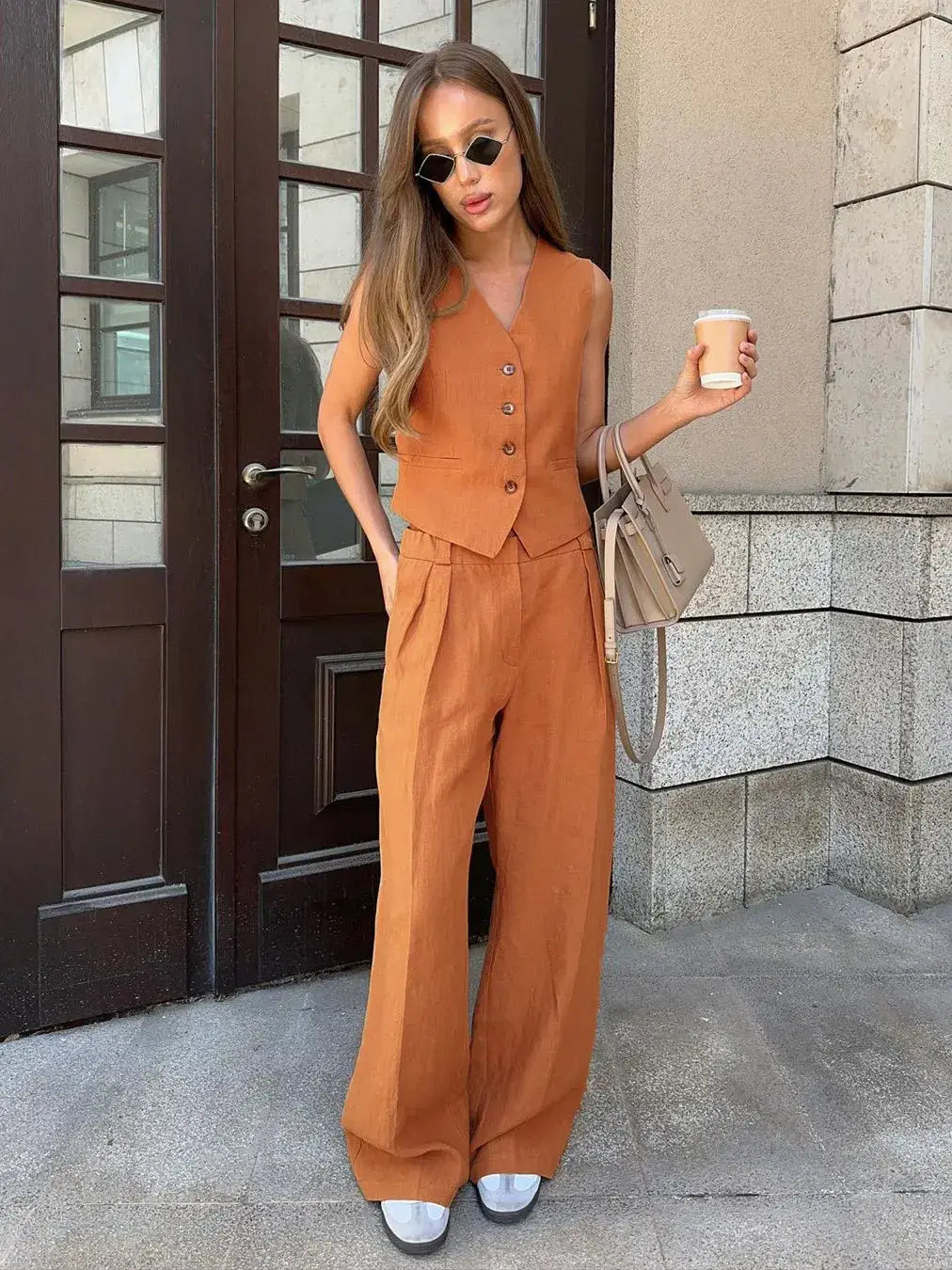 Cotton Linen Blend Vest Wide Leg Pants Suit