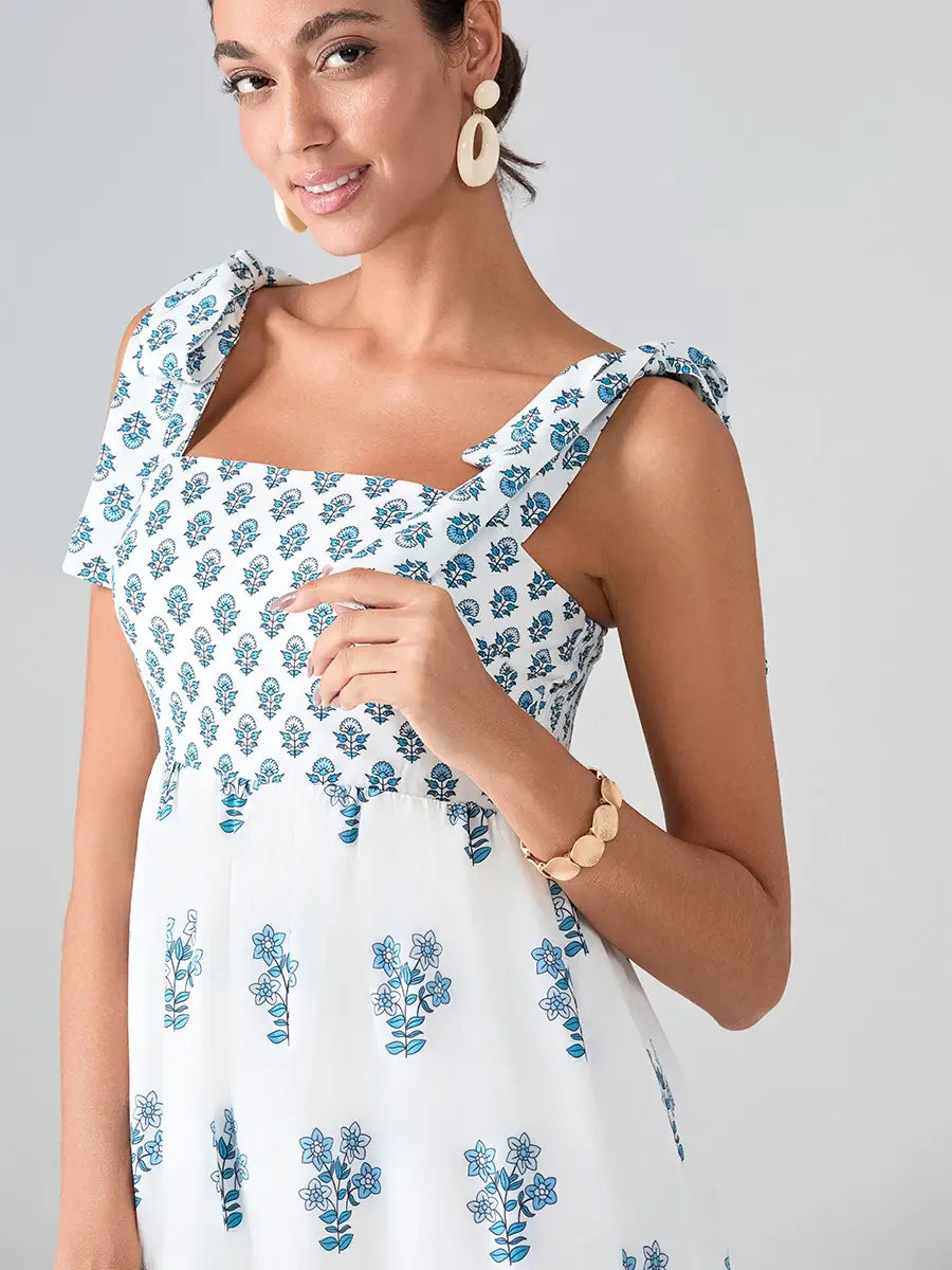 Flower Print Tie Strap Swing Dress Women A-Line Square Neck