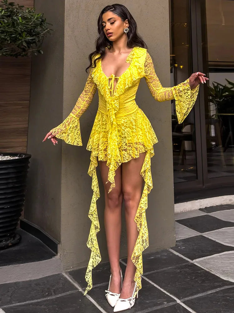 Lace Ruffled Streamer Dress For Women