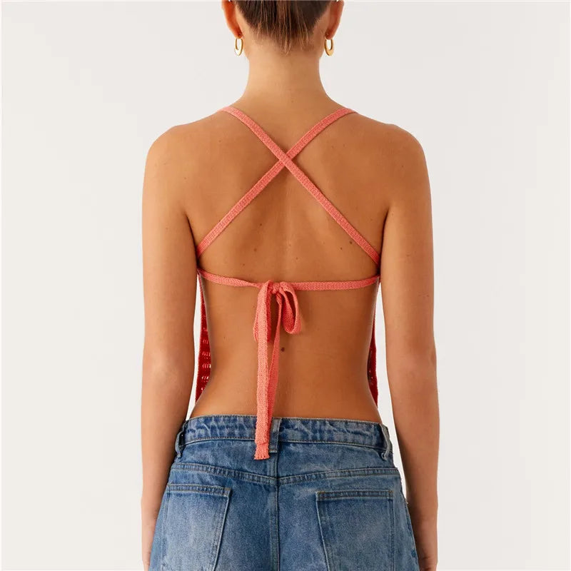Women Crochet Halter Top Backless
