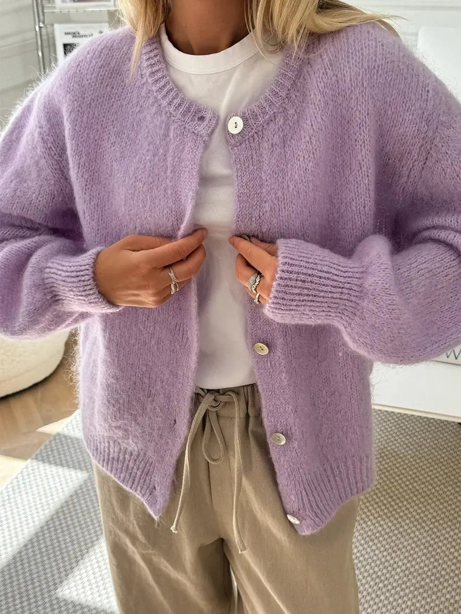Women’s Solid Color Cardigan Fuzzy Long Sleeve Button Down Sweater