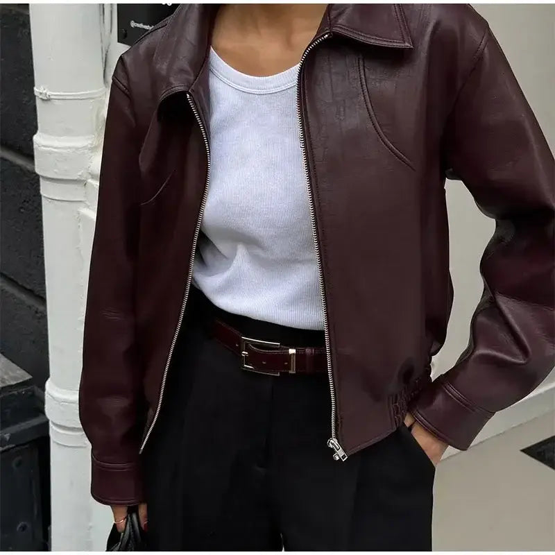 Retro Wine Red Pu Leather Short Jacket Women