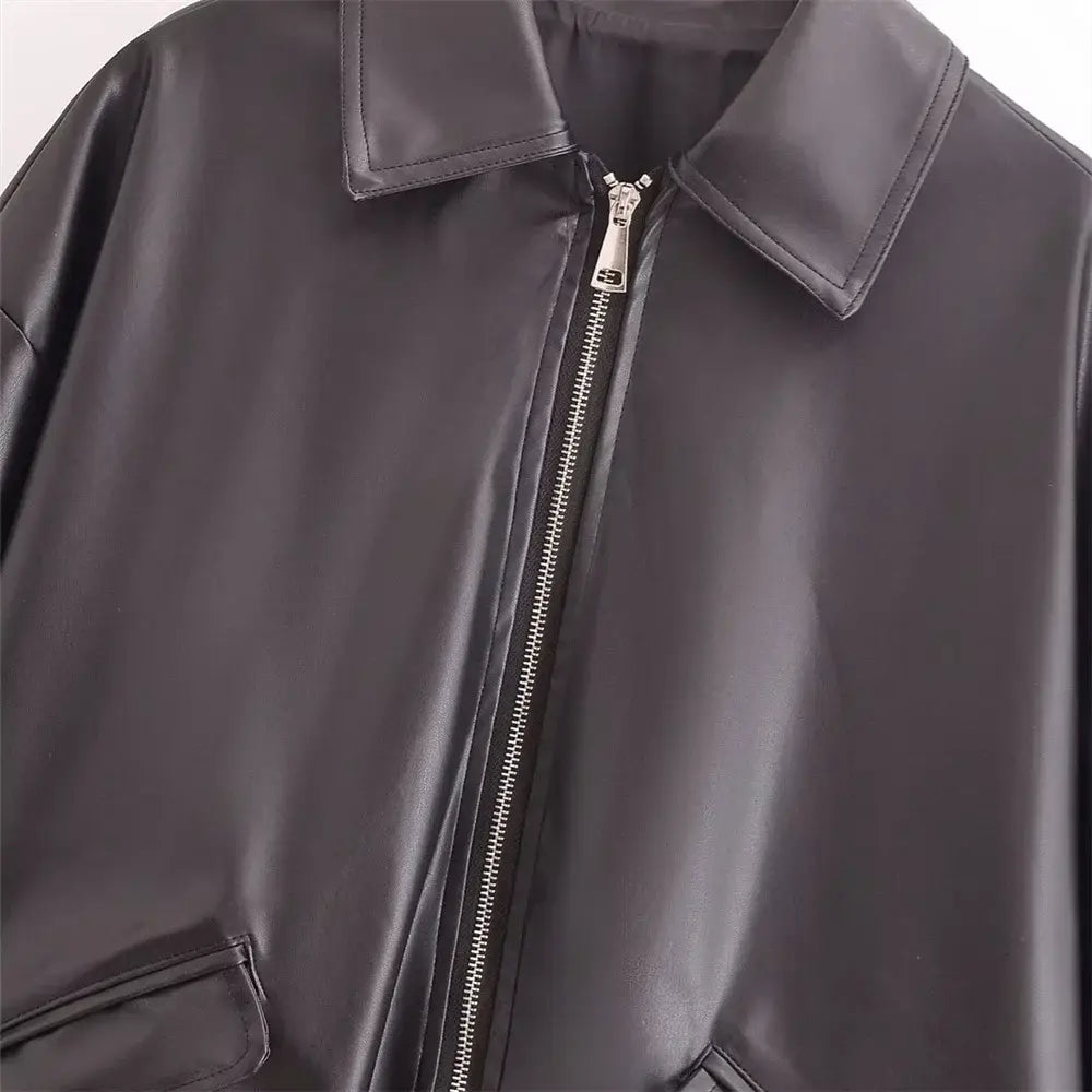 Women’s Versatile Long Sleeve Imitation Leather Loose Jacket Coat