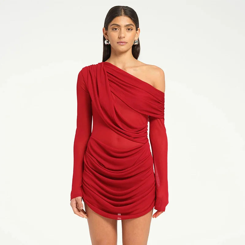 Mesh One-shoulder Long Sleeve Mini Dress