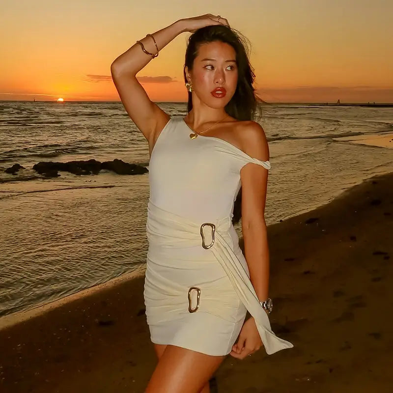 Women’S Solid Color Slant Shoulder Sleeveless Metal Button Short Dress Set