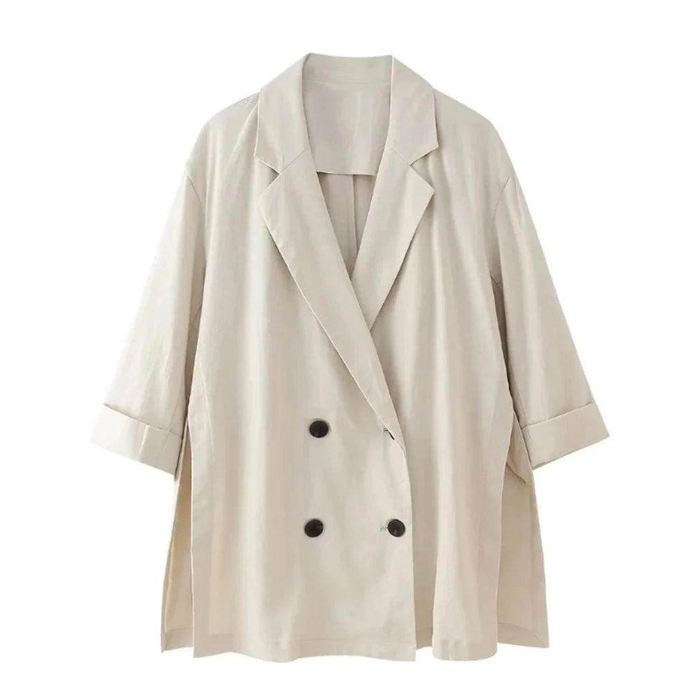 Women Autumn Wrinkle Double Breasted Blazer And Pants Suit