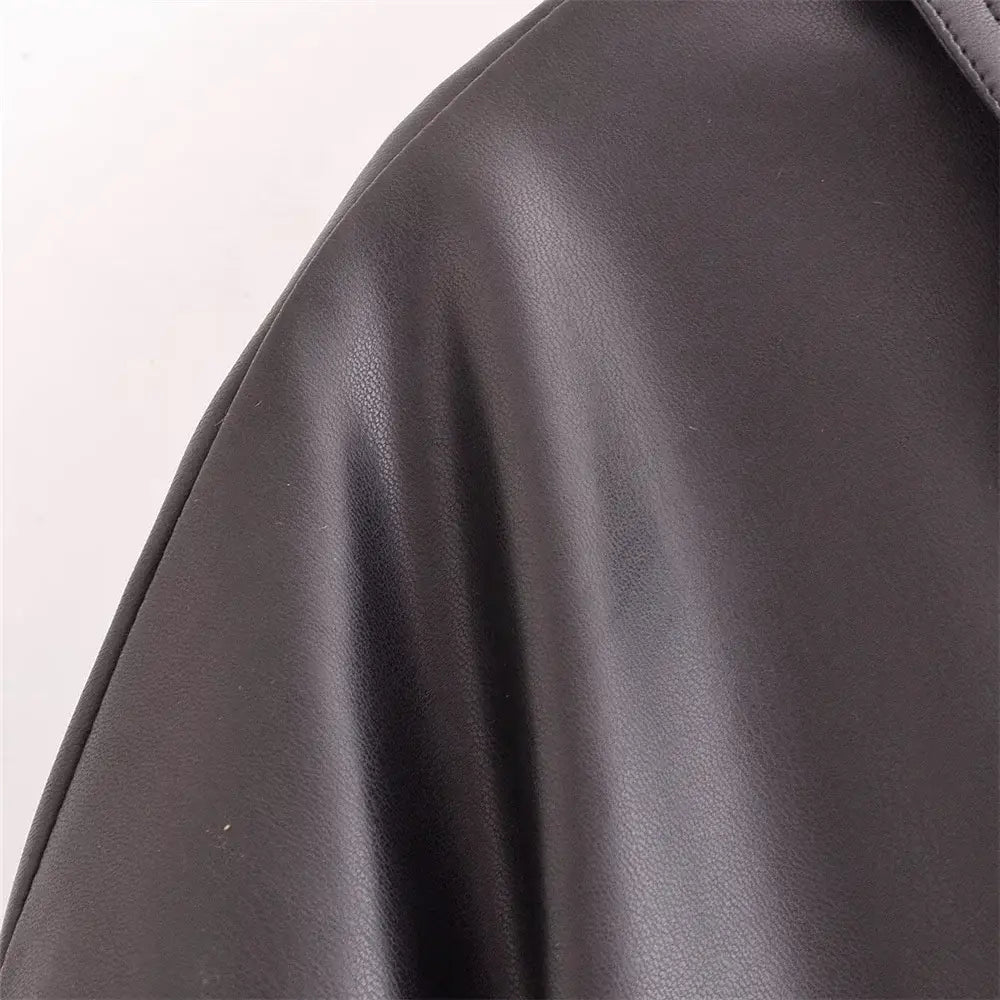 Women’s Versatile Long Sleeve Imitation Leather Loose Jacket Coat
