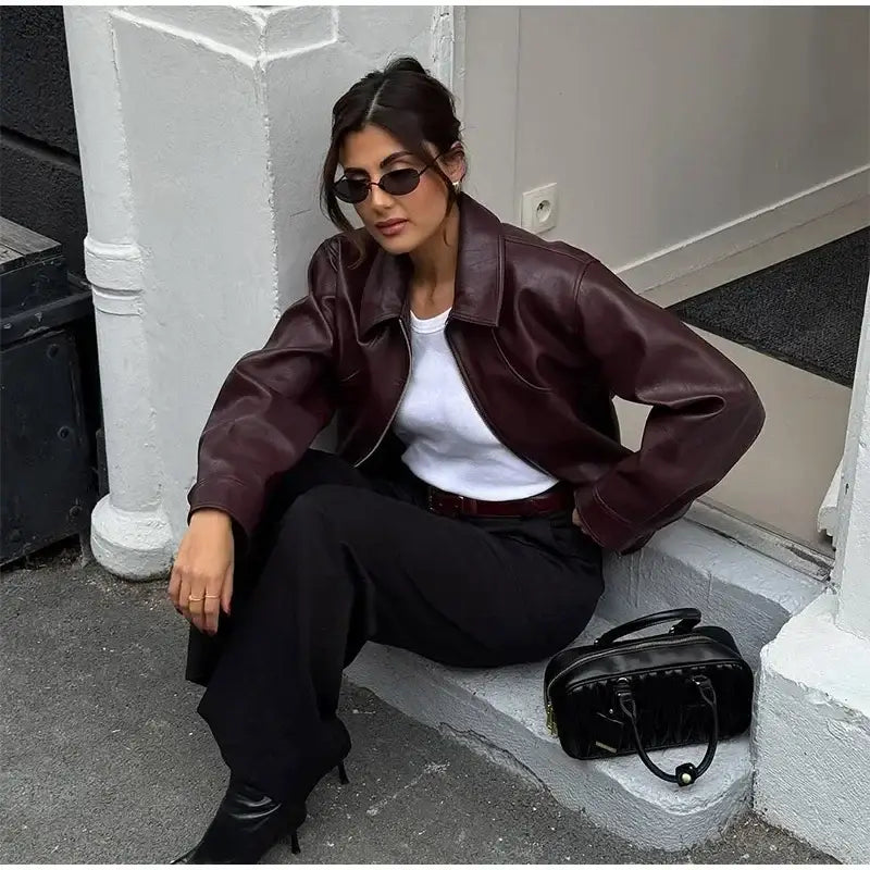 Retro Wine Red Pu Leather Short Jacket Women