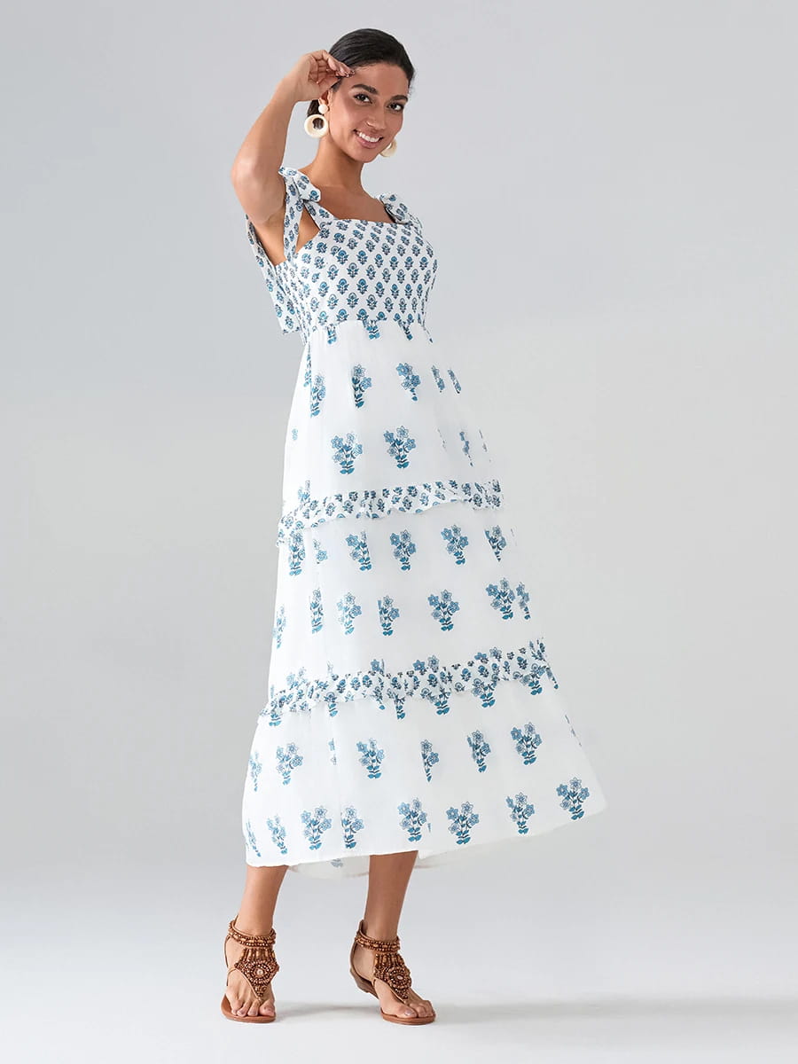 Flower Print Tie Strap Swing Dress Women A-Line Square Neck