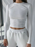 O Neck Long Sleeve Shirt Women Ribbed Cropped Tops - Norellé