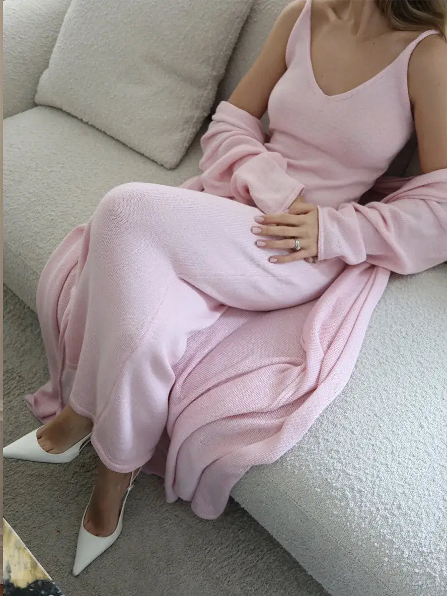 Women Long Dress Three Piece Solid Knit Halter Sleeve Cardigan Set