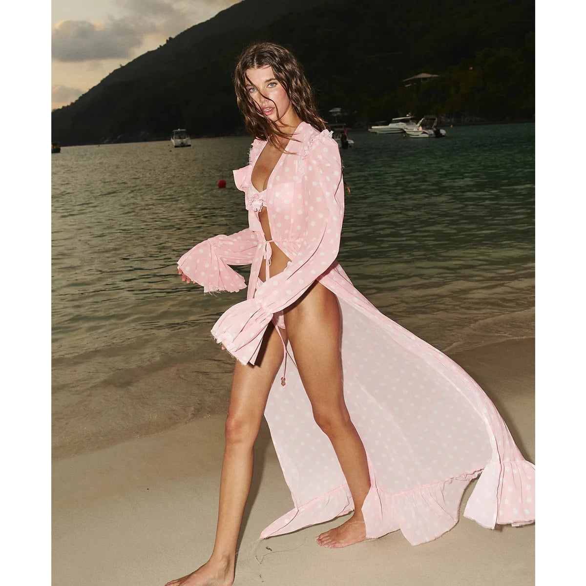 Pink Dot Print Cover-Ups Bikini  Women Swimsuits Mesh Dress - Norellé